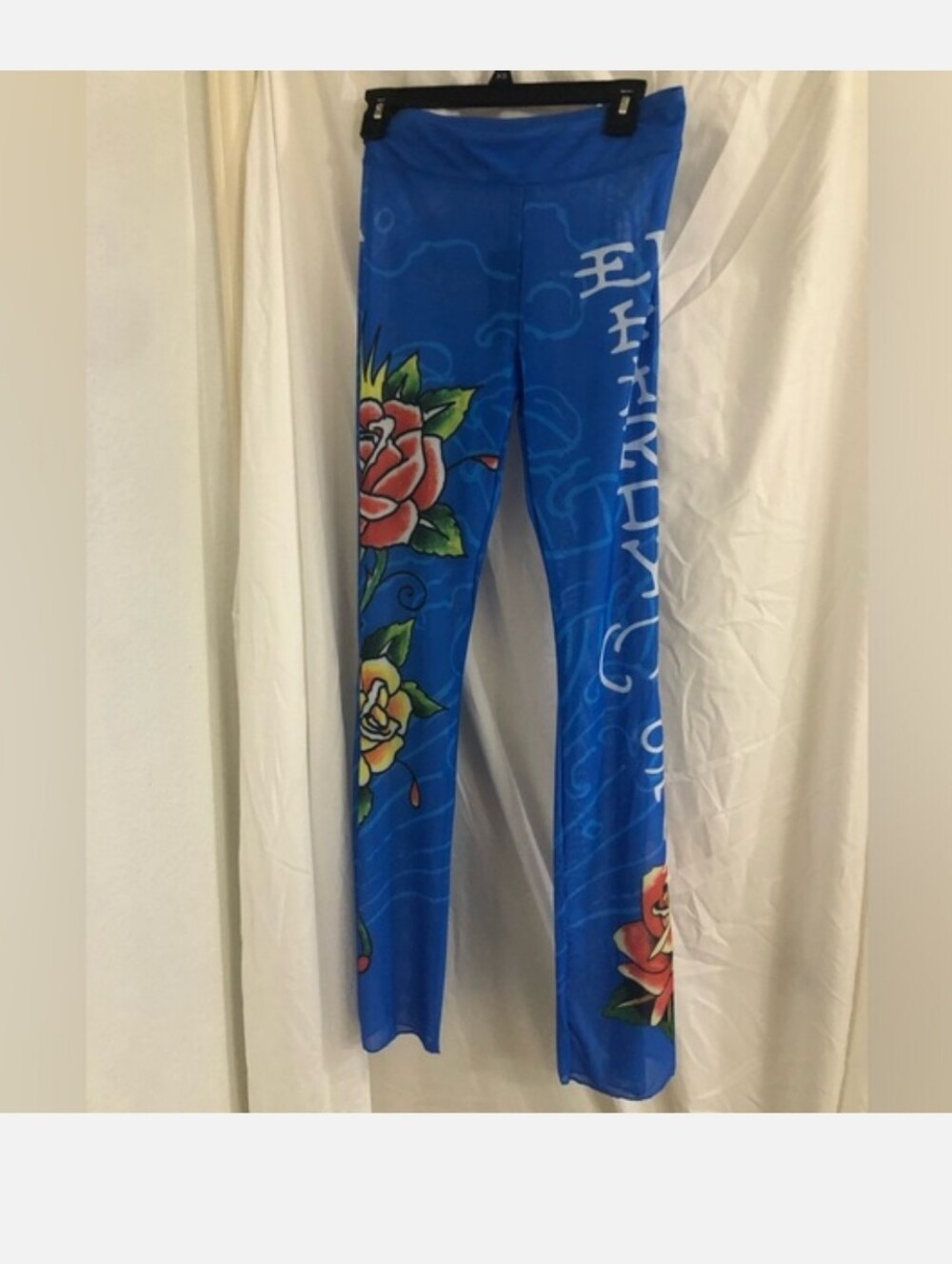 Ed Hardy blue sheer mesh monogram roses swim beach coverup pants size Small